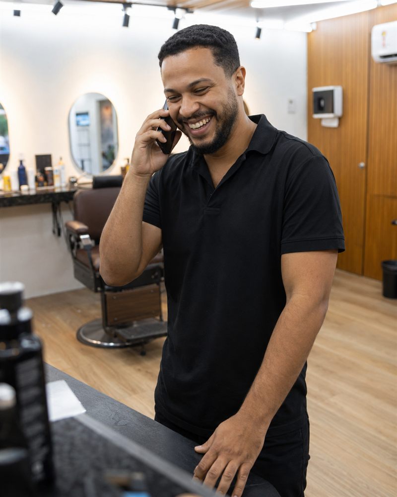 Atendente rindo ao telefone no balcão da barbearia